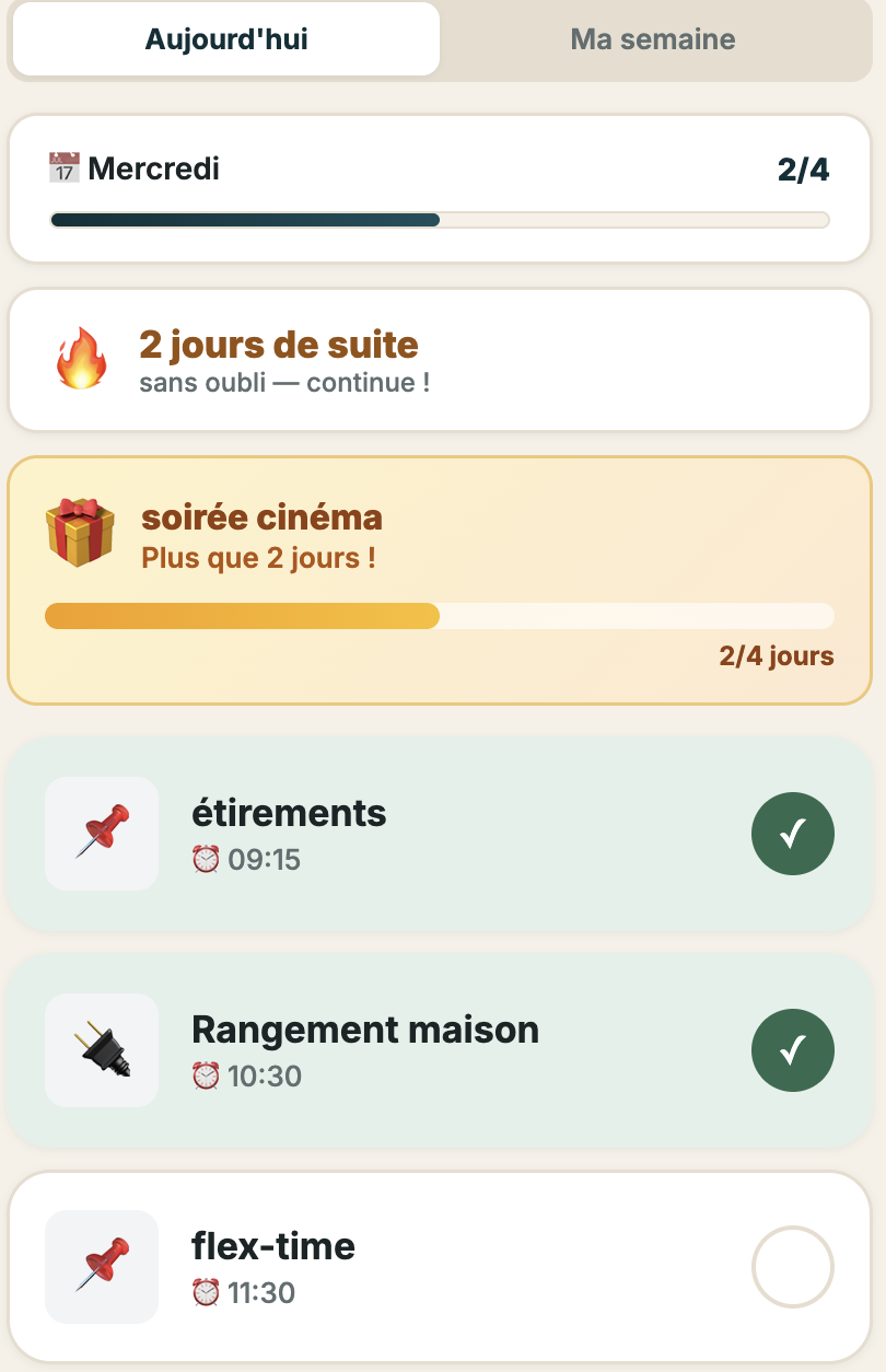Vue enfant : la journée à valider, la série en cours et la récompense à débloquer