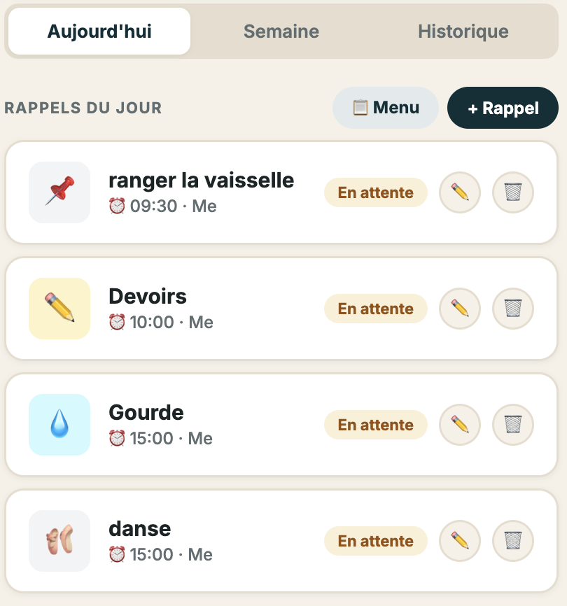Vue parent : les rappels du jour de l'enfant