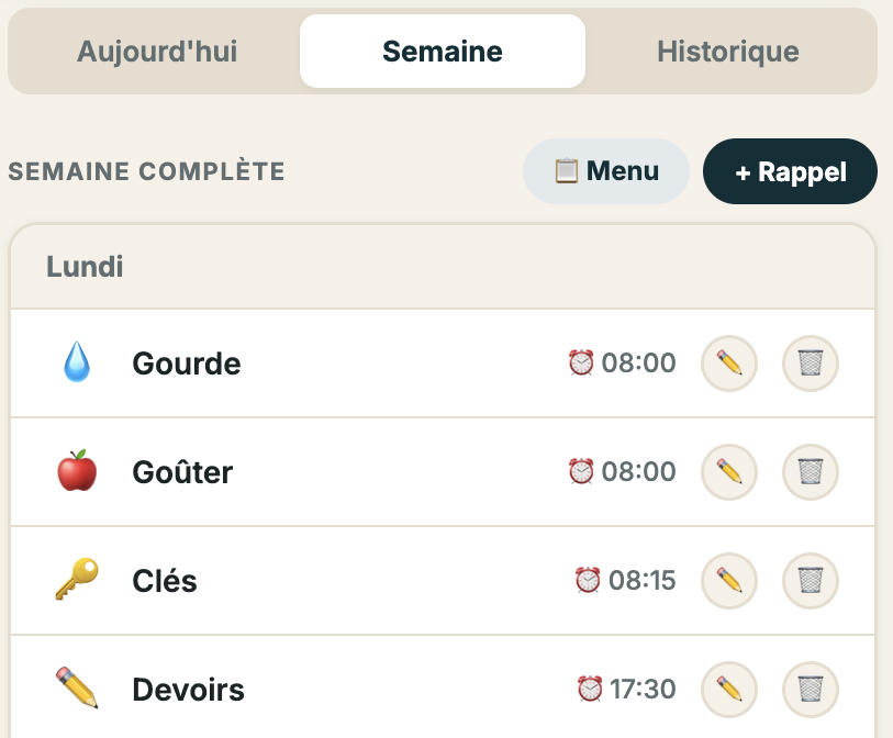 Vue parent : la semaine complète